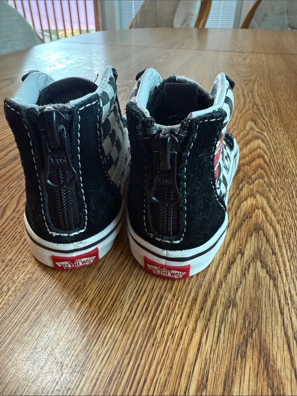 Vans x Bowie Kids Black & White Checkerboard High-Top Sneakers with Red Accent